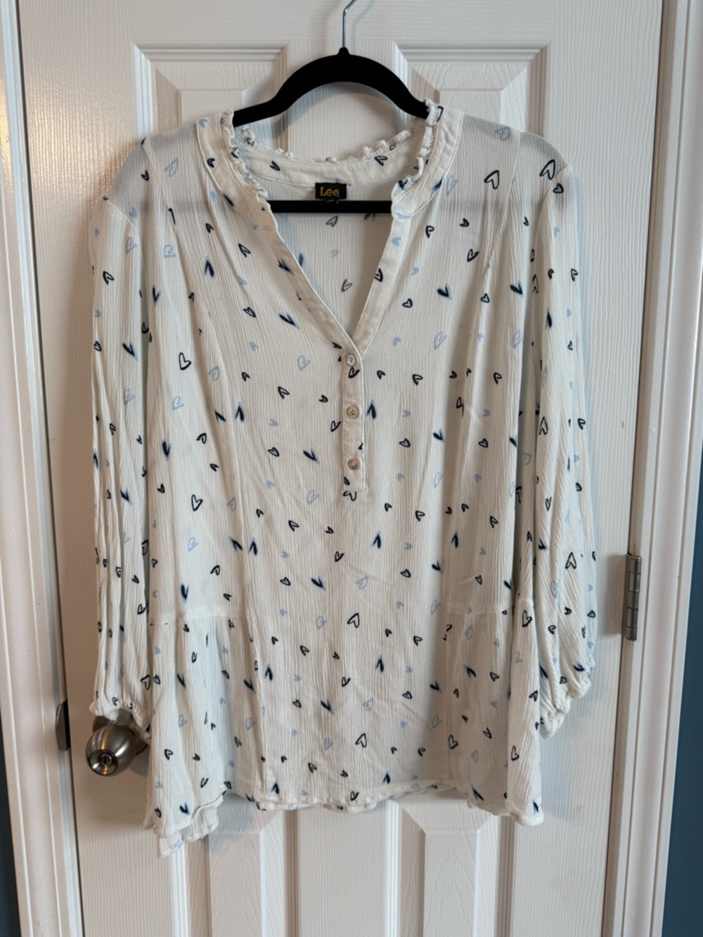 Lee Cream Peasant Blouse with Navy Heart Print